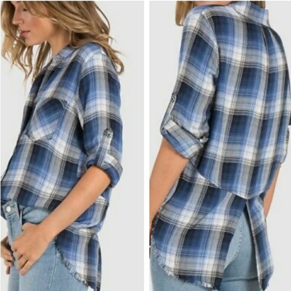Cloth & Stone Button Up Shirt Small Frayed hem Ashton Plaid Split Back Grunge